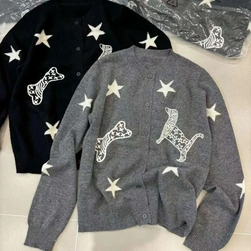 Funny Cartoon Star Puppy Embroidery Cardigan Single Breasted Sweater Jacket High Street Women Fashion Knitwear Winter Black Gray