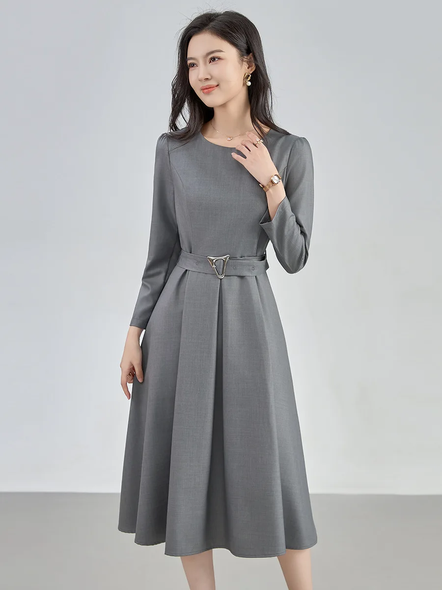 ZJYT Elegant Ladies Autumn Dresses 2024 New Women Long Sleeve O Neck Solid Brief Style Midi Office Dress Female Vestidos Robe