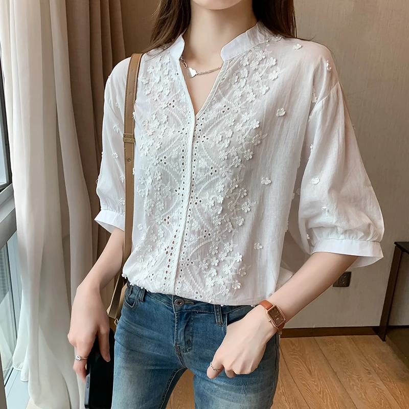 Summer Elegant Embroidery Fashion Spring Women Blouse Tops V-neck Lantern Sleeve White Shirt Vintage Cotton Female Clothes 24350