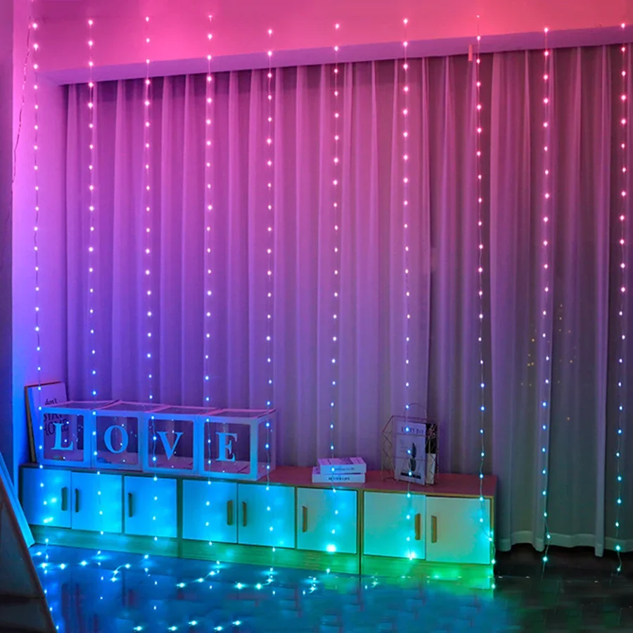 Imagem -03 - Smart App Controlled Curtain Fairy Lights String Lights Rgb Changeable Rainbow Outdoor 3x3m