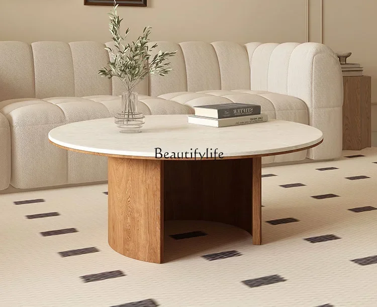 

LD33Walnut Solid Wood round Coffee Table Mid-Ancient Cave Stone Stone Plate round Tea Table