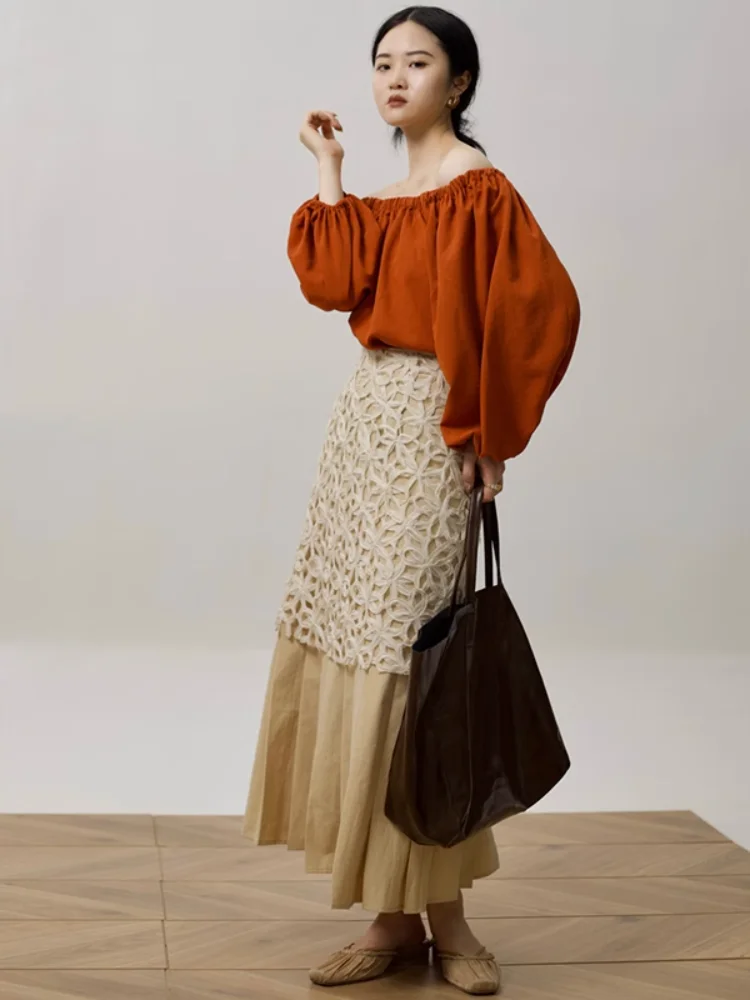 

Summer 2026 Lace Hollow out Bubble Sleeve Shirt One Shoulder Design Fashion Set with Skirt French Style Casual Versatile Wome...