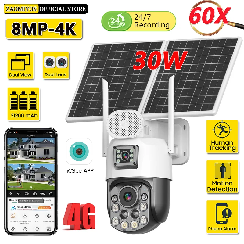 

AOV Outdoor Surveillance Solar Camera Built 31200mah Battery 24h Recording 4G SIM 60x Zoom Smart Auto Tracking Security CCTV Cam
