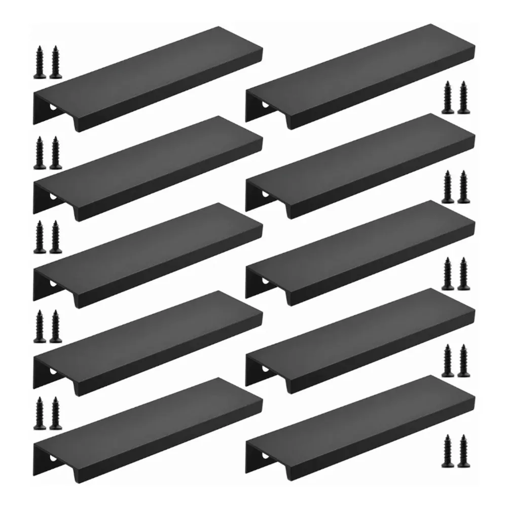 10pcs Modern Aluminium Alloy Cabinet Edge Pulls Black Concealed Mount Drawer Pull Handles Finger Pull Door Handles Kitchen