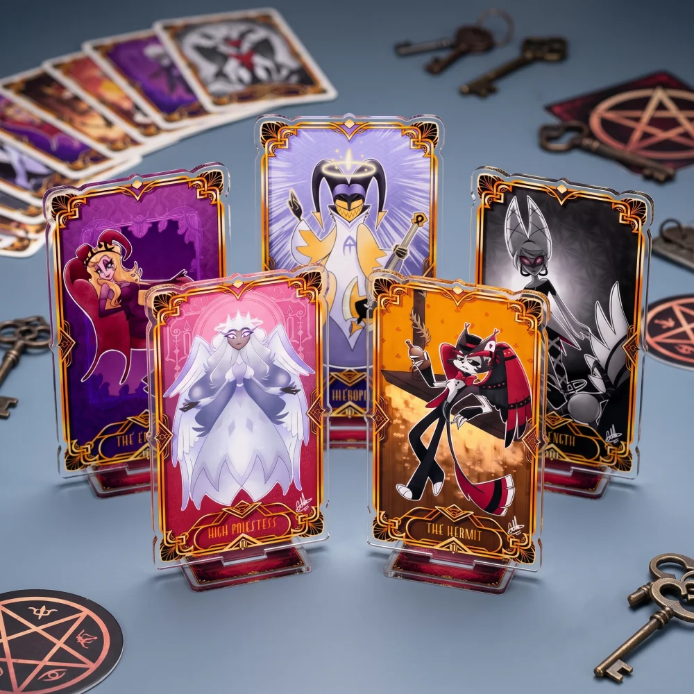 Acrylic Hazbin Hotel 15CM Stand Keychain Charlie Alastor Vaggie Adam Tarot Card Style Desk Decor Collectible Gift for Anime Fans