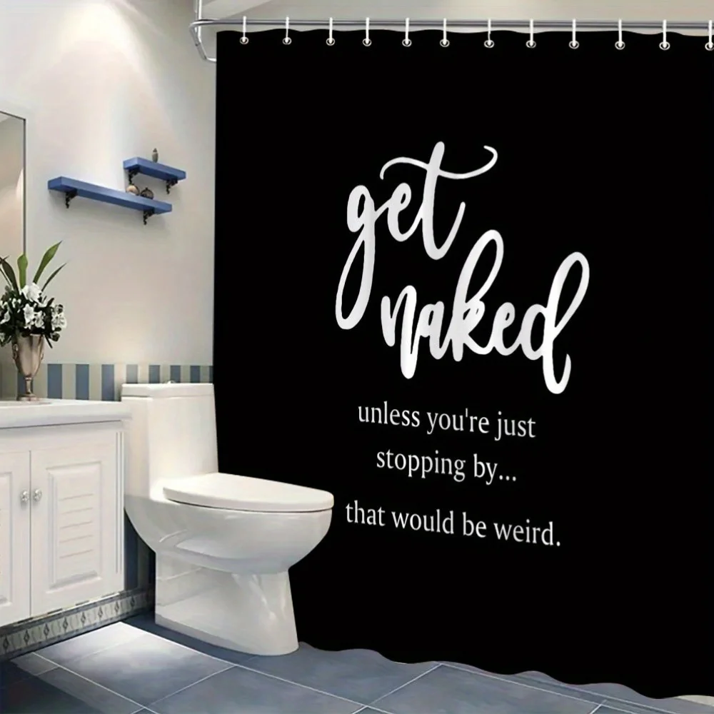 

1pc Playful "Get Naked" Quote Bath Curtain, Black Background with White Cursive Text, Humorous Design with Bold Font, Modern and