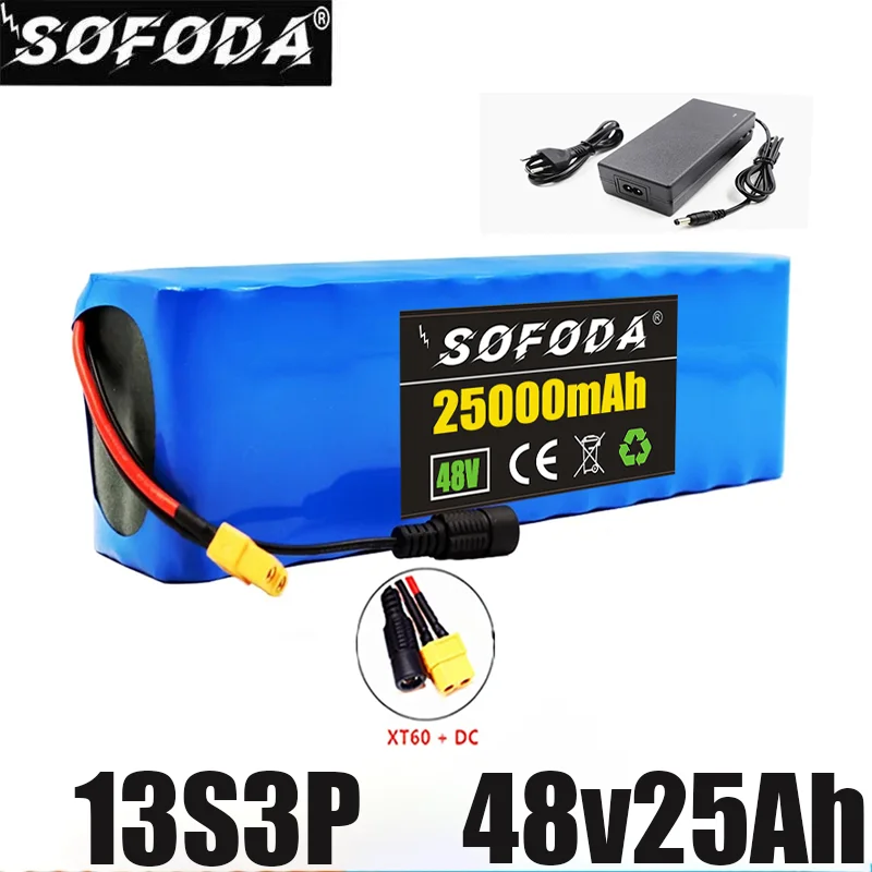 

Bloco da bateria do Lítio-íon, apropriado para 54.6V com BMS e carregador, 48V, 25Ah, 1000W, 13S3P, XT60-DC, 25000mAh