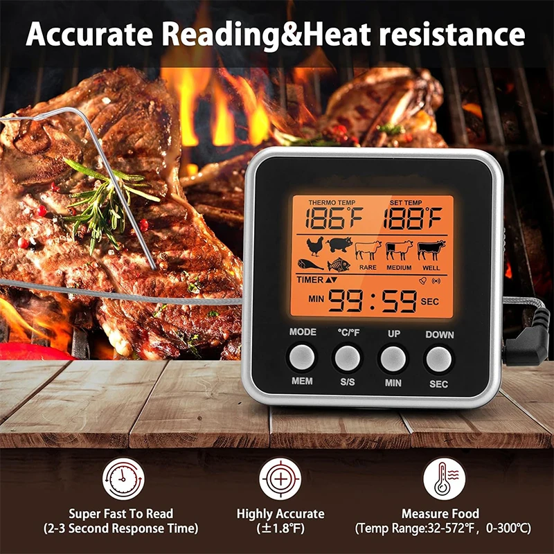 LCD Digital Meat Thermometer BBQ Food Thermometer Monitor with Backlight Kitchen Timer Alarm Long Probe Thermometer for Grill