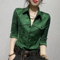 Female Tops Spring and Autumn Full Long Sleeve Women's Shirt Blouse Office Outfits Wear To Work Button Up Formal Loose Green Xl