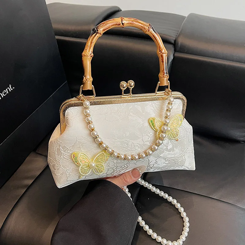 

Fashion Bamboo Handle Handbag Satchel Luxury Clip Crossbody Bag Purse Designer Women Evening Bag Retro Pearl Chain Shoulder Bags