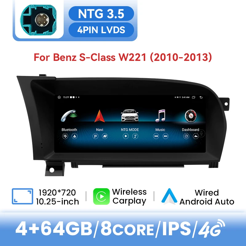 10.25Inch Draadloze Carplay AI Voice Autoradio Multimedia Voor Mercedes Benz S-Klasse W221 3.0/3.5 Android 14 GPS 6 + 128G Navigatie
