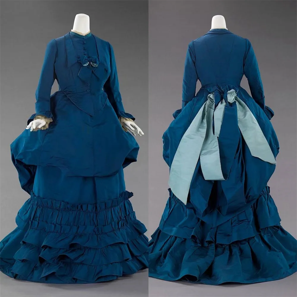 

1872s French Royal Court Blue Afternoon Bustle Dress Historical Victorian Edwardian Civil War Southern Ball Gown