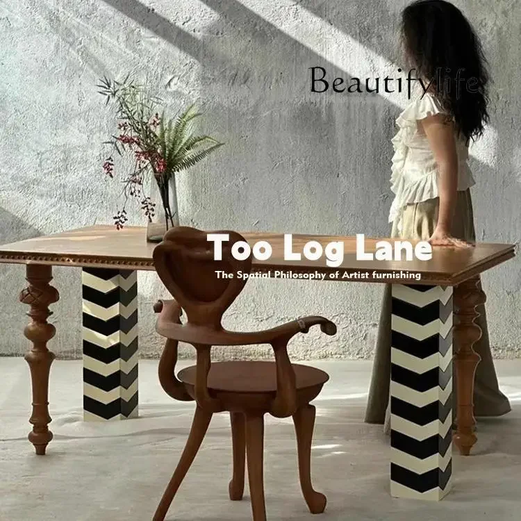 

B Solid Wood Dining Table Retro Medieval Rectangular Striped Dining Table Household Small Apartment Designer Table
