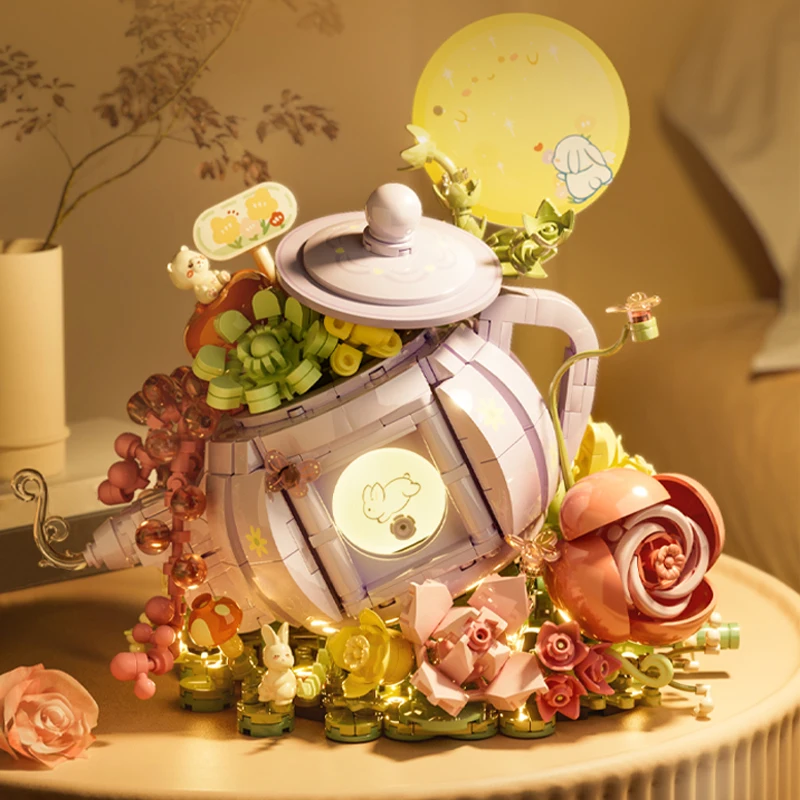 878ピース クリエイティブフラワーワークショップ 組み立てブロック 女の子の誕生日プレゼント 照明付きフラワーティーポット ウサギ 月 可愛いモデル組み立てブロック
