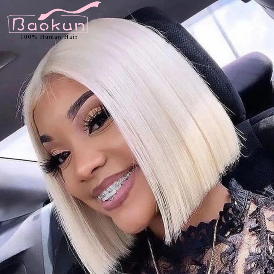 Perruque Bob Lace Front Wig Remy naturelle, cheveux courts bouclés, blond platine 13x4, 13x6 HD, sans colle, pour femmes