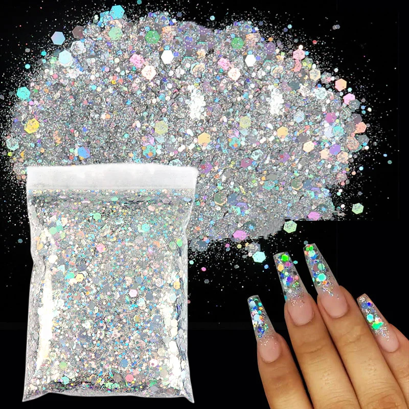 50G/Bag Holographic Mixed Hexagon Shape Chunky Nail Glitter Sequins Laser Sparkly Flakes Slices Manicure Body Eye Face Glitter
