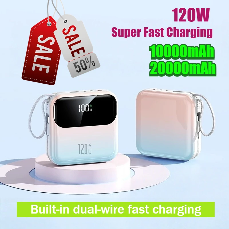 120W 20000mAh Large-Capacity Power Bank with Built-in Dual Cables 3C Certification