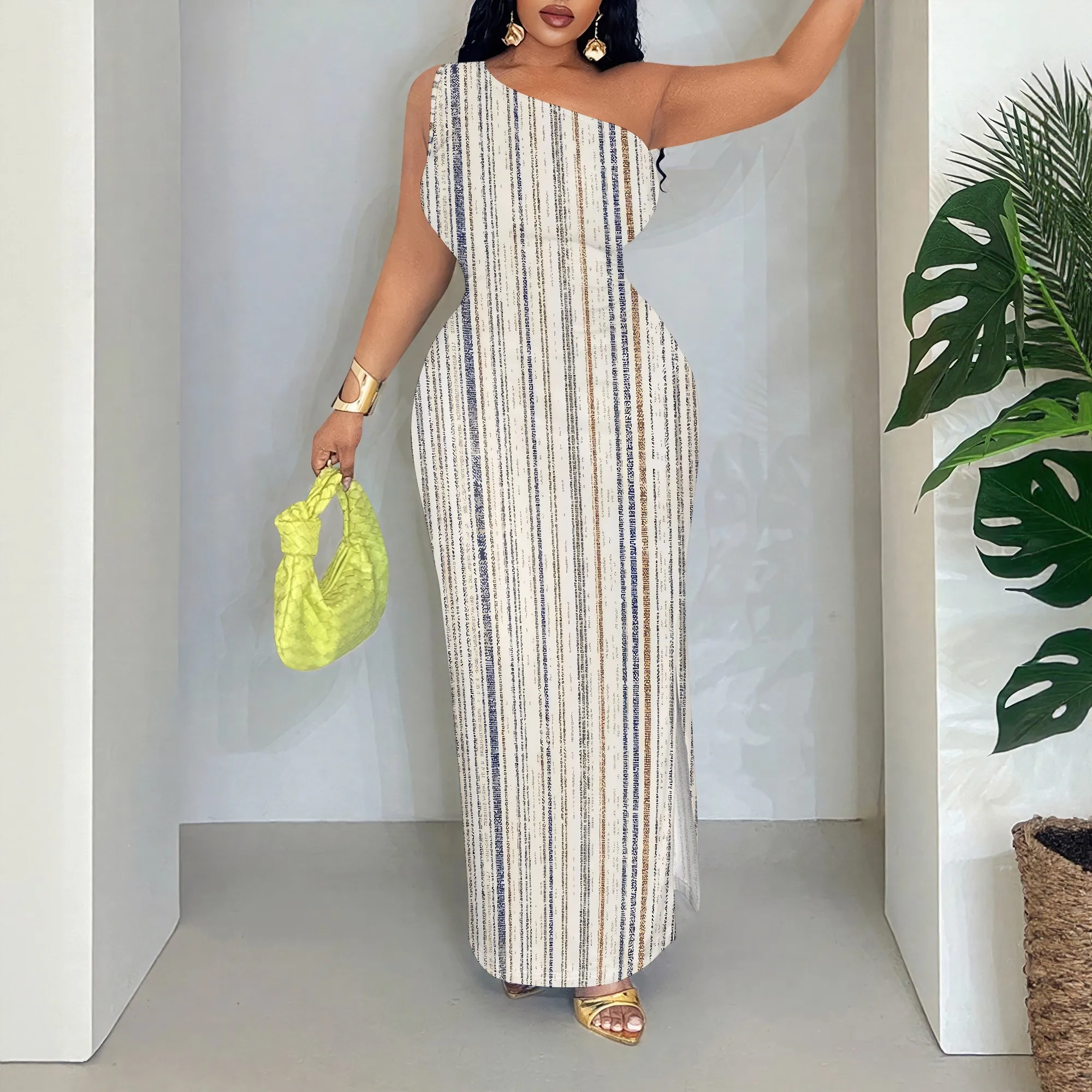

Striped One Shoulder Maxi Dress, Sleeveless Bodycon Gown, Elegant Party Evening Wear, S-2XL