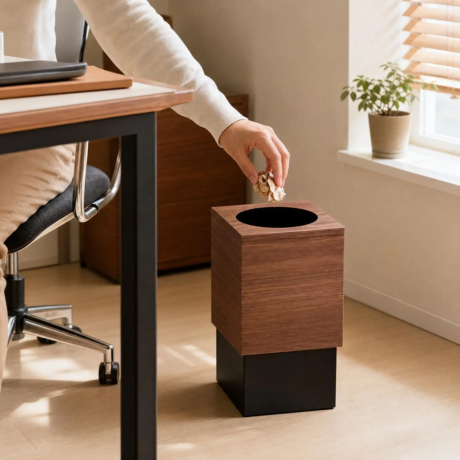 Freestanding Wooden Garbage Can with Top Opening Lid and Inner Bucket for Daily Disposal in Living Spaces
