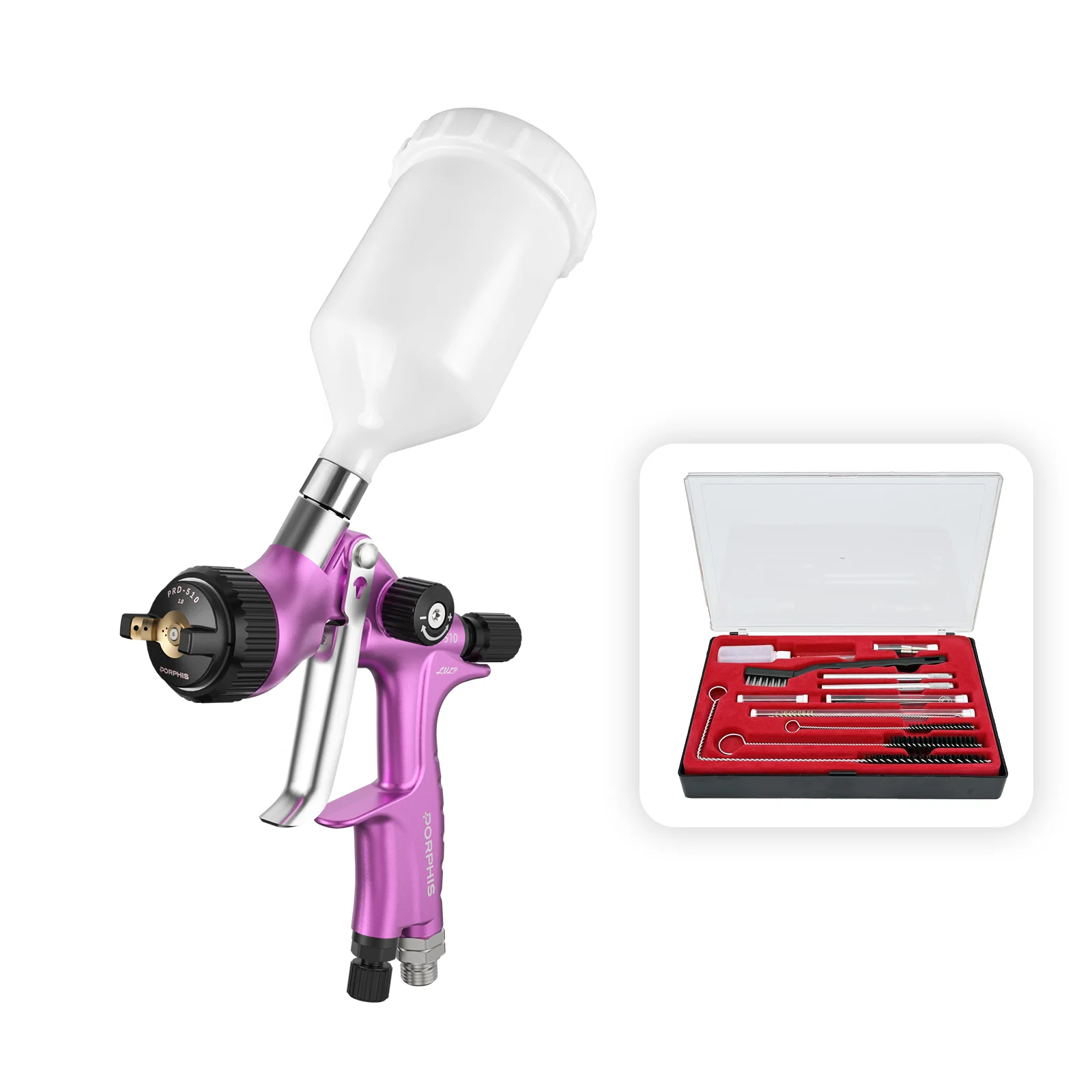 PORPHIS PRD-510 LVLP Spray Gun with 23PCS Cleaning Kit Low Air Consumption Paint Gun for Automotive Refinish