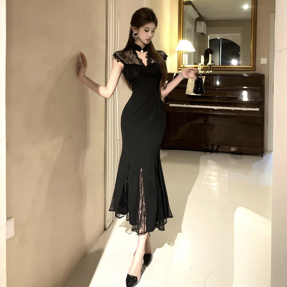 

Ele Sexy Mermaid Tail Lace Trim Bodycon Long Dr Women's Vintage Ne Hanging Gown Sexy Butt Covering Fi Tail Dr