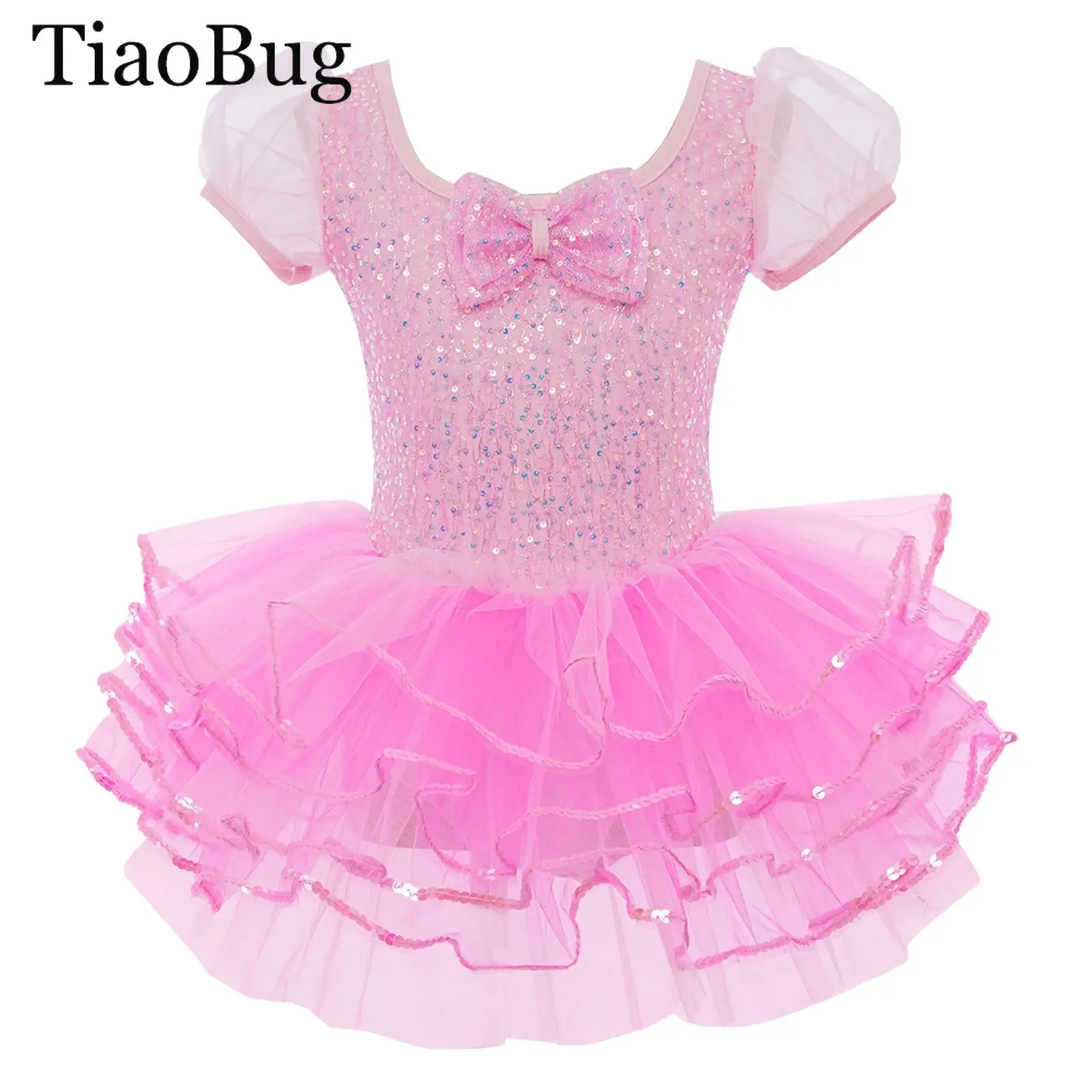 

Girls Shiny Sequins Ballet Dance Tutu Dress Short Puff Sleeves Bowknot Layered Tulle Dress Carnivals Party Performance