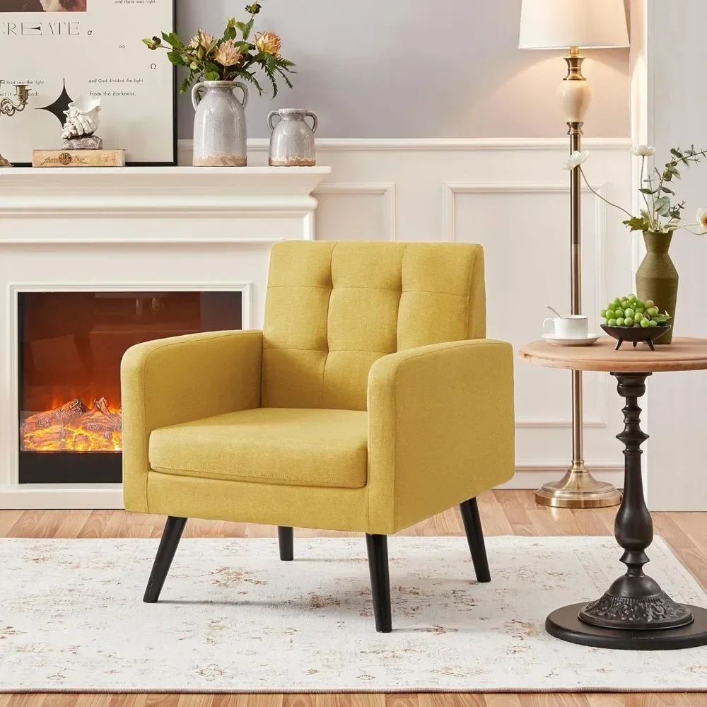 Mid-Century Accent Chairs, Cozy Armchair Button Tufted Back and Wood Legs for Bedroom/Office/Cafe, Yellow, Accent Chairs