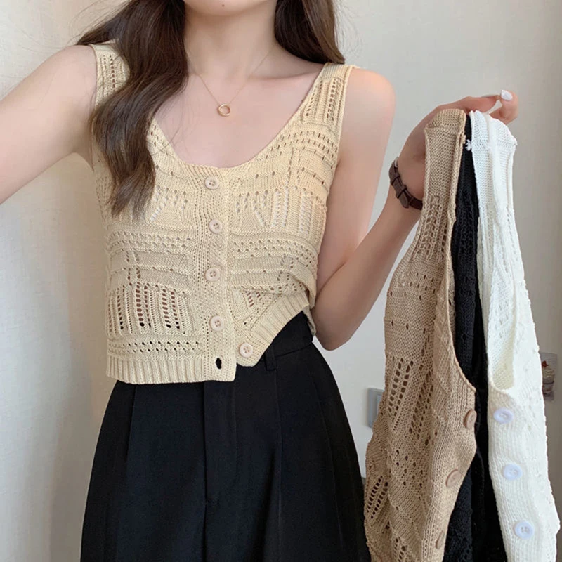 Women Hollow Out Knitted Tank Top Summer Solid Color Sleeveless Button Slim Crop Top