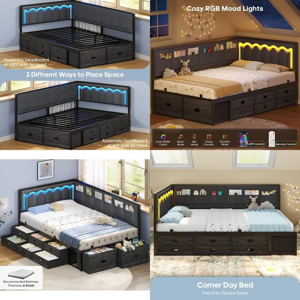 

Twin Bed with 8 Drawers, 6 Storage Bins, Daybed Storage, RGB Lighting, L-Shaped Guardrail, Grey for Kids and Teens