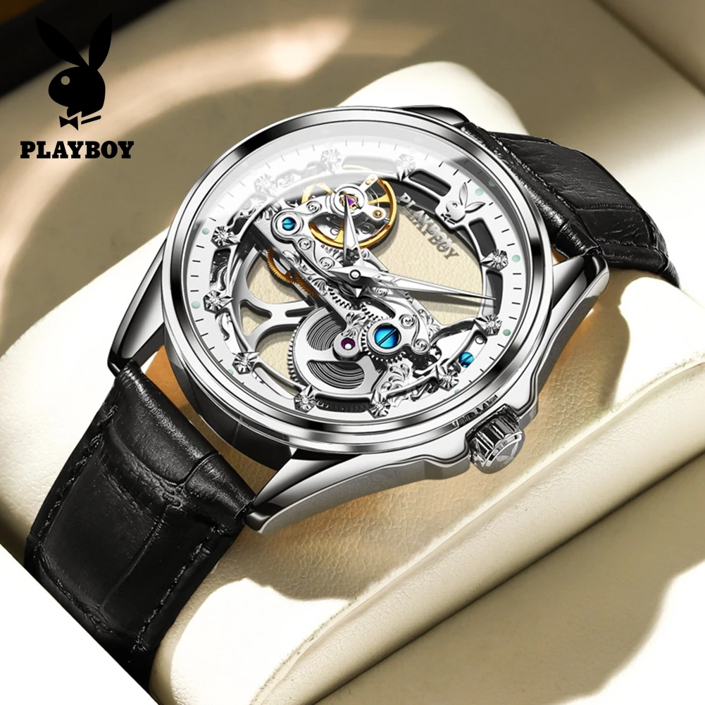 PLAYBOY New Fashion Watch for Men Original Skeleton Leather Strap Automatic Mechanical Man Watch Classic Luxury Wrist Watch Men