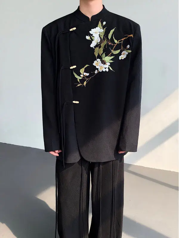 

New Chinese Sle Men's Pad oulder Spring Autumn New Western Suit Jaet Floral Embroidery Artistic Design Polyester Fiber