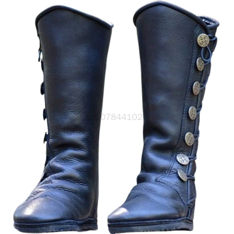 Middeleeuwse Steampunk Retro Vrouwen Rits Pu Lederen Viking Pirate Laarzen Retro Botton Heren Ridder Jager Carnaval Feest Cosplay Schoenen