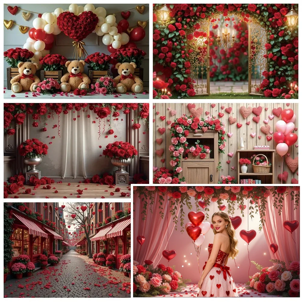 

MOON.QG February 14 Valentine's Day Background Photography Teddy Bear Heart Pink Curtain Photozone Backdrop Couple Studio Props