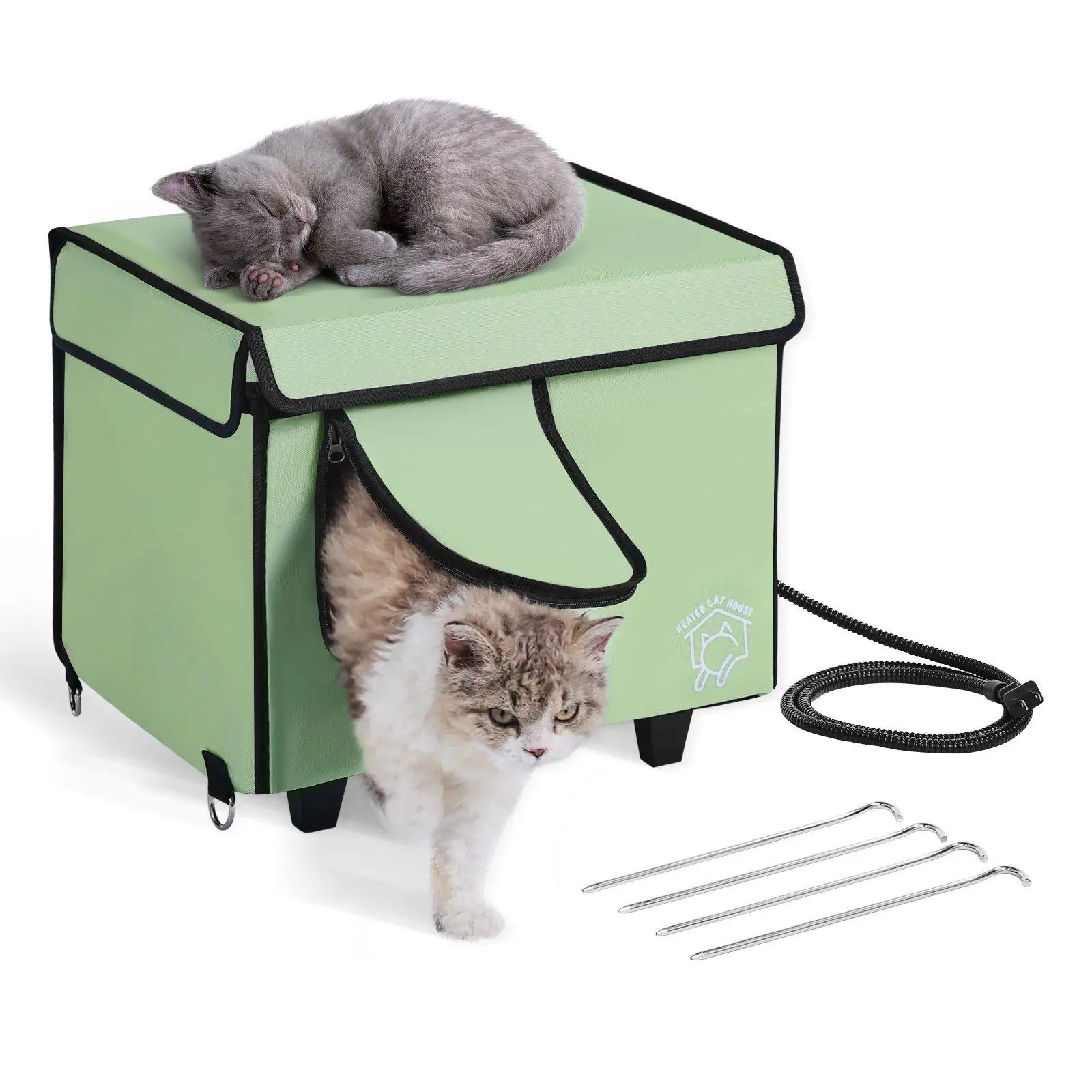 

Elevated Heated Cat House Cuboid Kitty Shelter with Heated Pad Green (S)