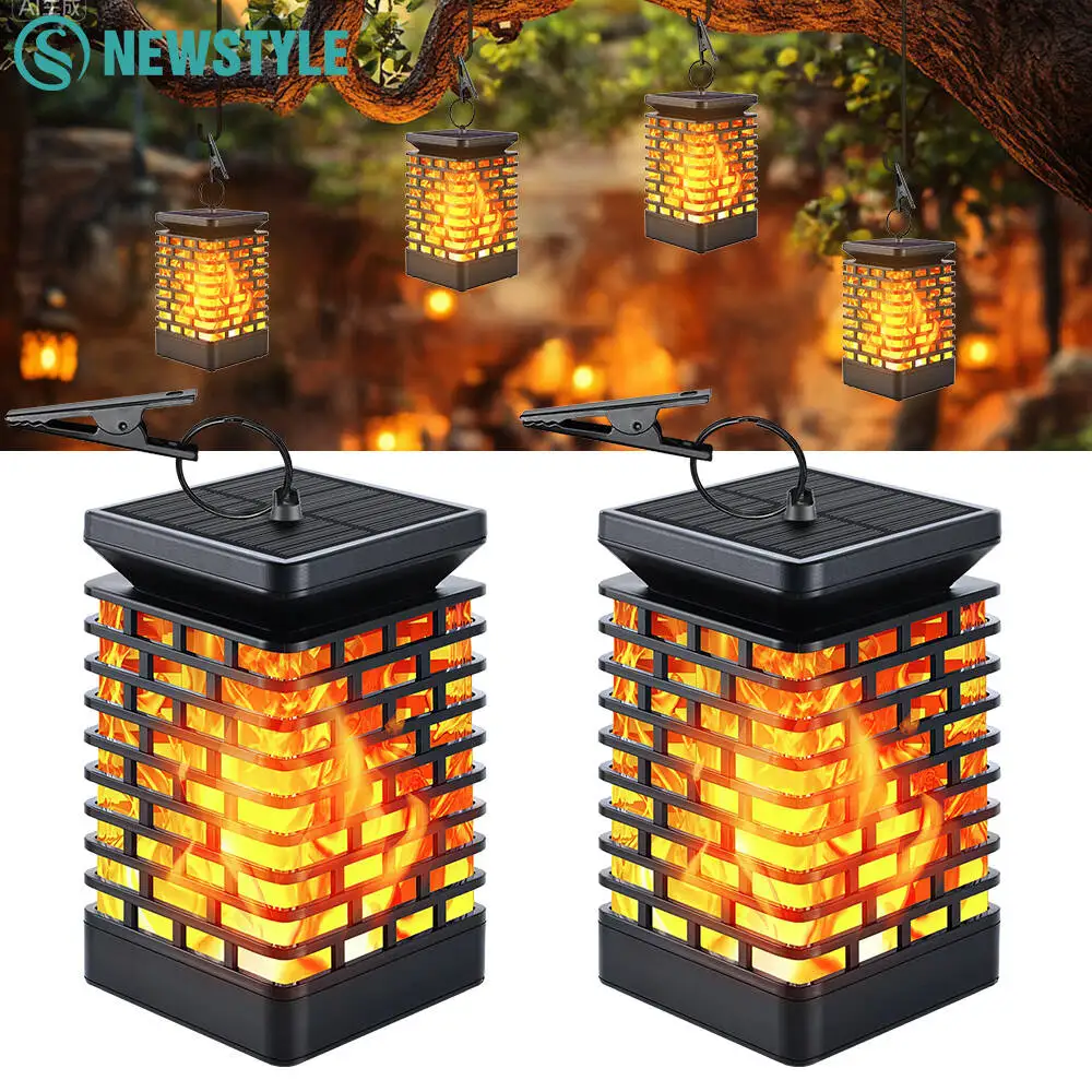 2-4PCS 태양 교수형 등불 정원 LED 깜박이는 불꽃 빛 태양 전원 조경 조명 울타리 파티오 통로 장식