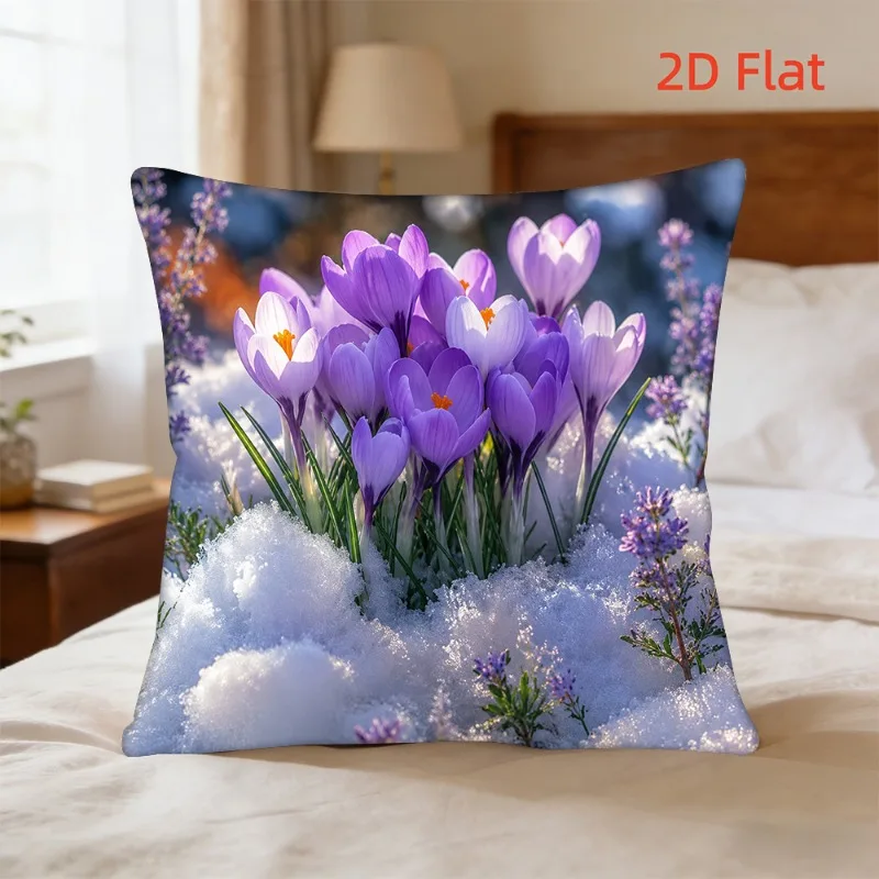 1pc 2D Flat (Pillow Not Included) Purple Crocus Snow Flowers Cushion Cover Short Plush Early Spring Nature Decor Pillow Case