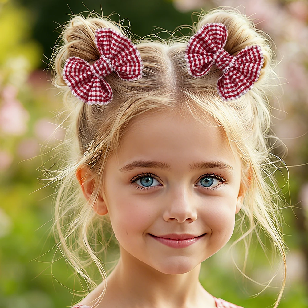 2Pcs Gingham Bow Hair Clips White Lace Trim Scalloped Hair Bows for Girls Kids Cute Space Buns Pigtails Cottagecore