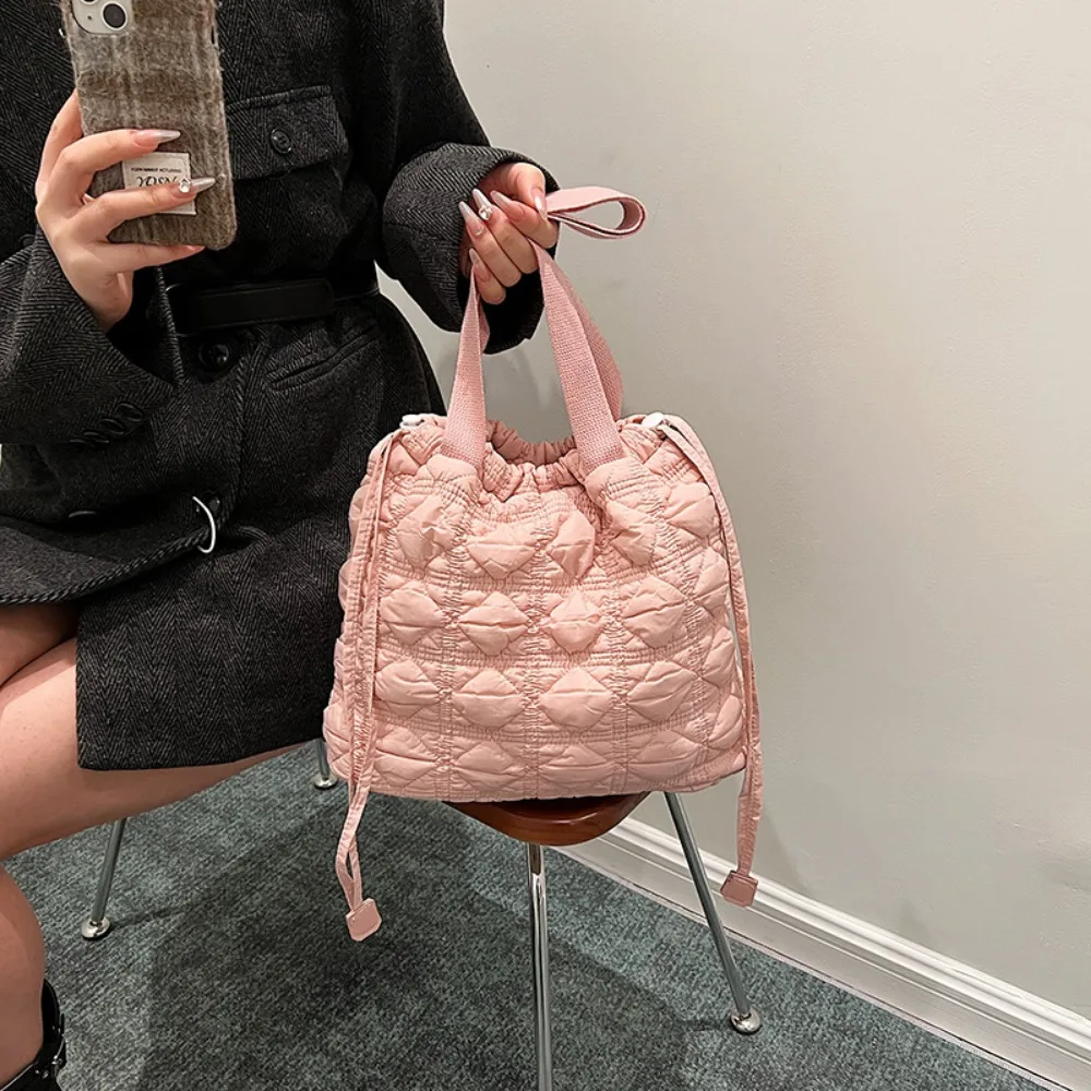 Fashion Bubble Nylon Shoulder Bags Women Simple Cute Pleated Bucket Bag with Drawstring Female Versatile Large Capacity Handbag