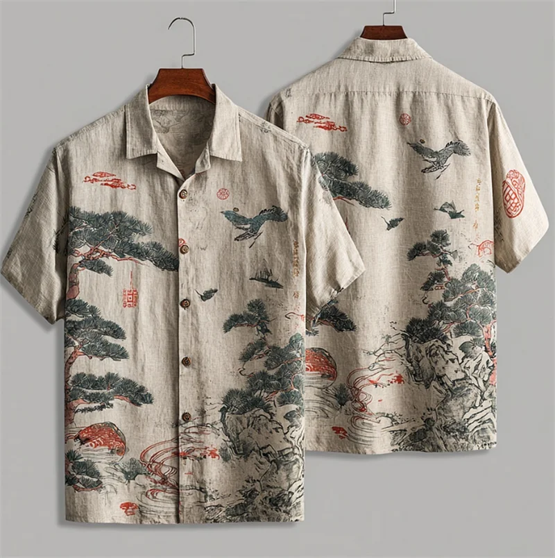 Summer New Men's Art Deep Sea Giant Octopus Monster Linen Pattern Men's Short Sleeve Comfort Casual Shirt Button Top