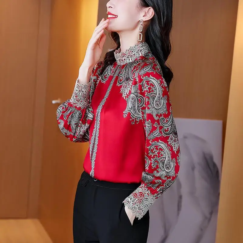 Vintage Elegant Fashion Lace Patchwork Printed Shirt Spring Autumn 2023 New Stand Collar Long Sleeve Loose Tops Women\'s Clothing