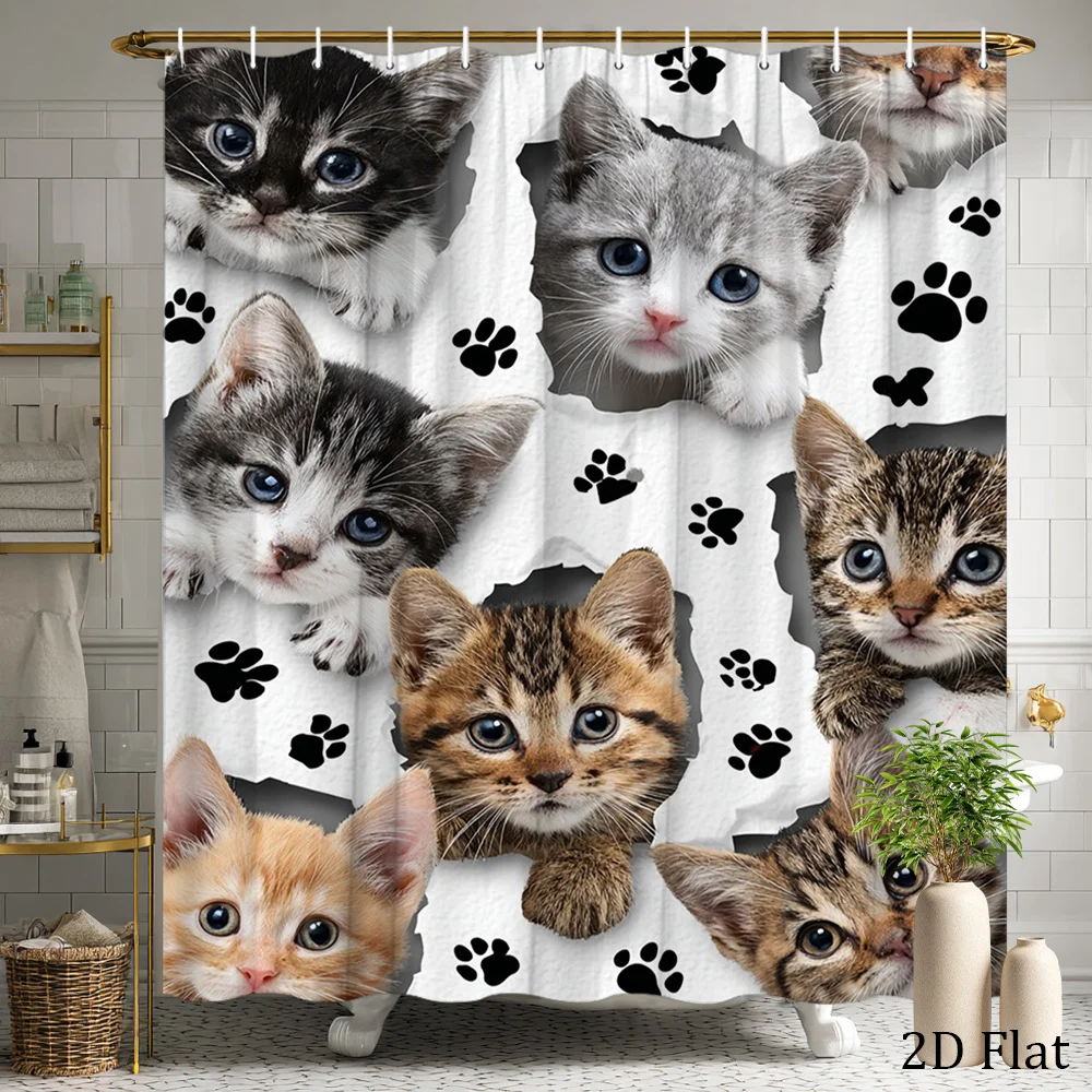 Cat Paw Shower Curtain Multiple Kittens Peeking Through Print Waterproof Polyester Bathroom Decor Bath Curtain