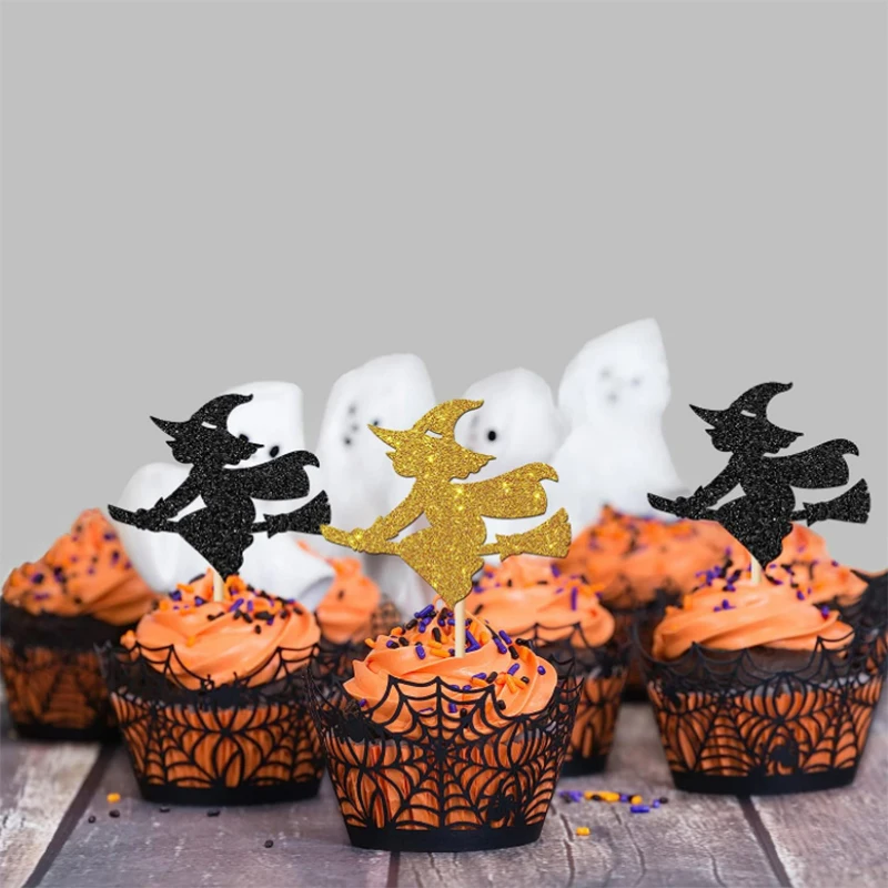 12Pcs Halloween Black and Gold Witch Silhouette Cupcake Top Party Magical Witch Sparkling Cupcake Top