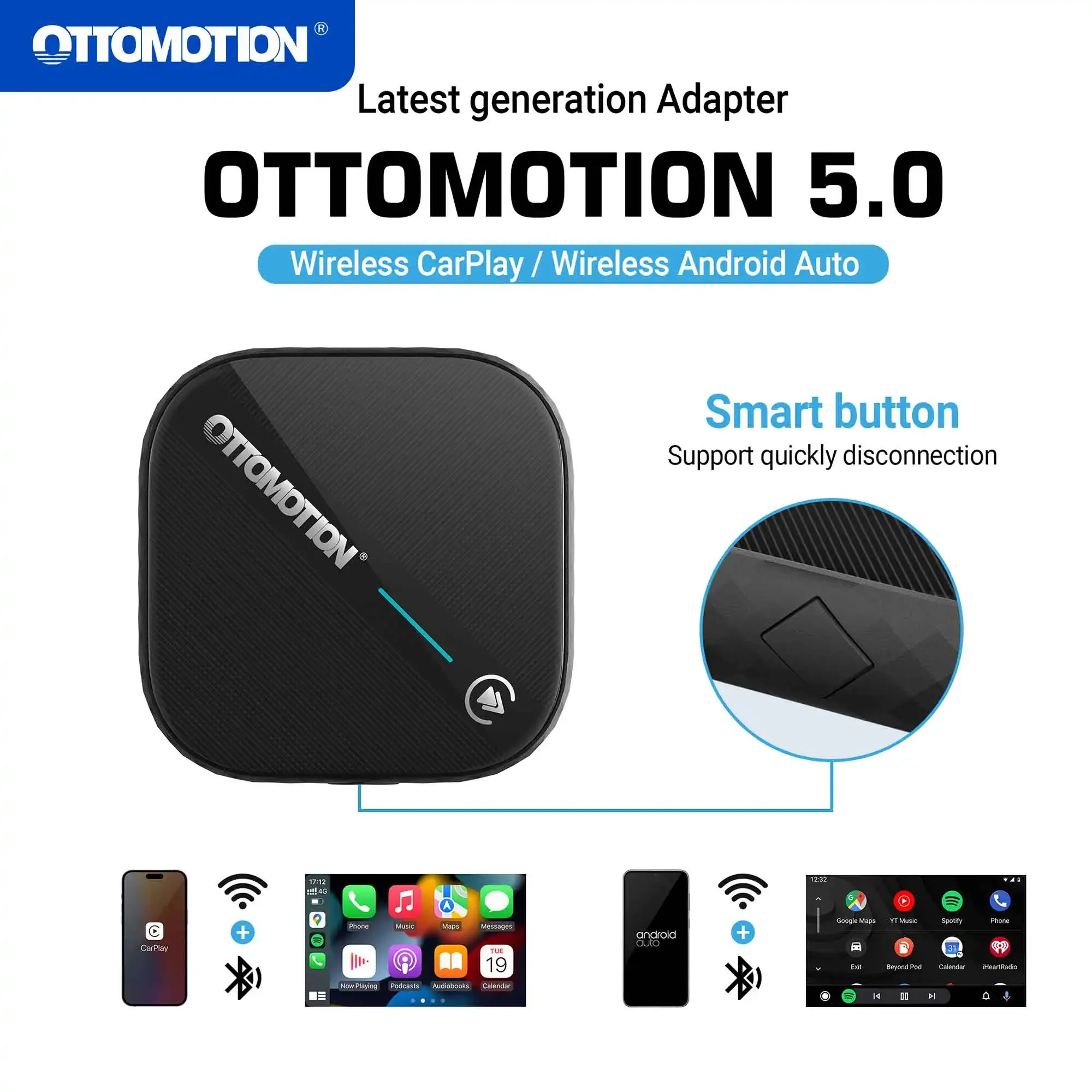 OTTOMOTION 5.0 Android Auto Wireless CarPlay Adapter Car Accessories GPS Navigation for Volkswagen Benz Ford Kia Volvo Chevrolet