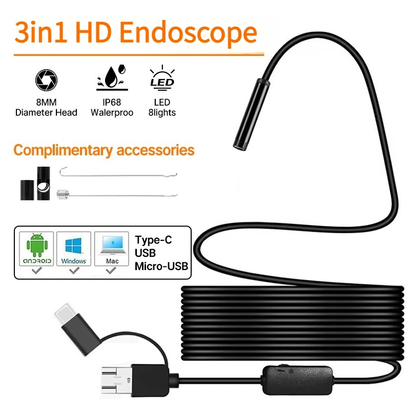 New Wired Mini Endoscope Camera 100w Pixel 8mm Lens for Android Type-C/USB Endoscope Waterproof LED Lighting Inspection Camera
