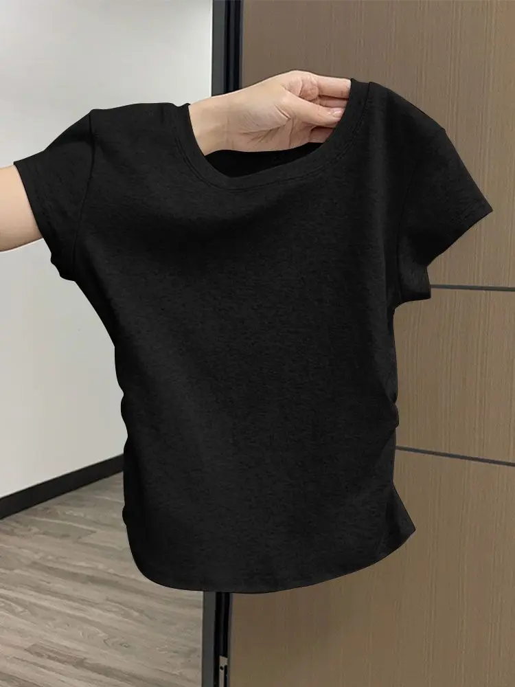 Damen-Sommer-Kurzarm-Top für modisches, vielseitiges Basishemd, schmale Passform, Rundhals-T-Shirt, lässig und sexy, atmungsaktiv und cool – Detail 12