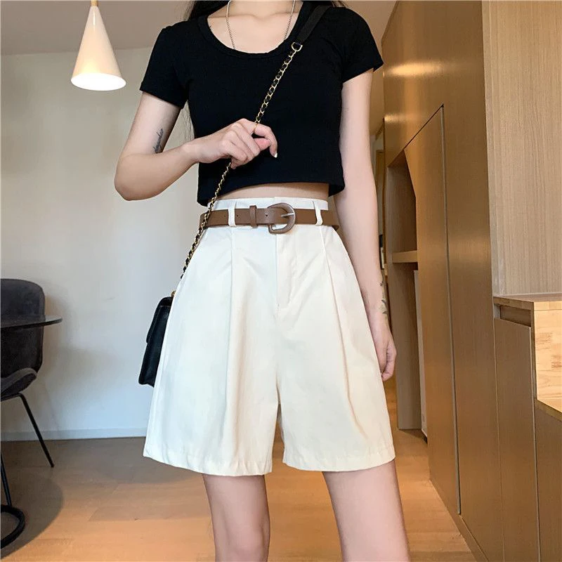 Summer Pure Cotton Shorts Women Korean Belt Black Wide Leg Suit Shorts S-3Xl Ladies Fashion Elegant White Baggy Short Pants New