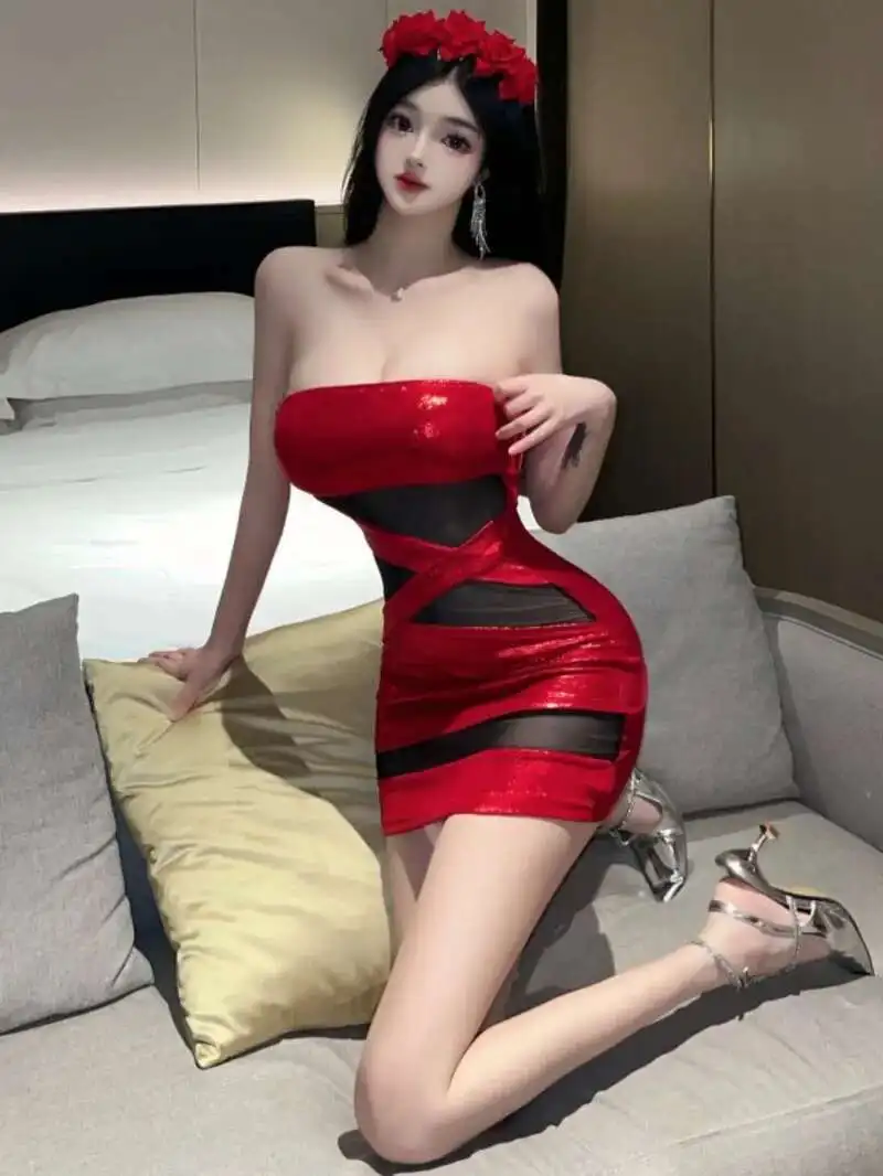 Sexy 2024 Summer Spicy Girl Color Blocking One Collar Backless Strapless Dress Women Cinching Waist Wrap Hip Short Dress CCCK