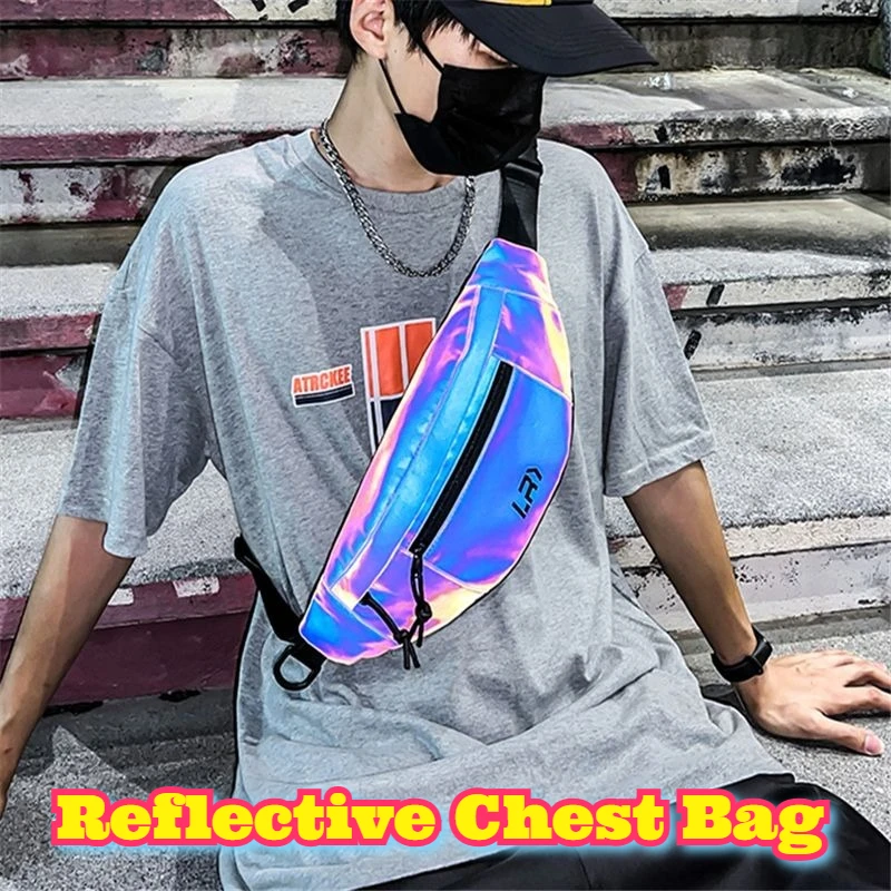 Reflective Chest Bag Night Running Unisex Crossbody Sling Bag Large Capacity Waist Pack Men Sport Outdoor Hiking Cycling Hip Hop