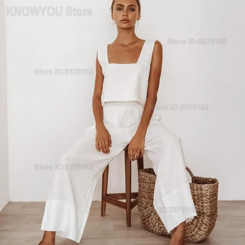2026 Spring Summer Ladies European American Linen Cotton Loose 2 Piece Pajama Set Sleeveless Short Tank Top Long Casual Pants