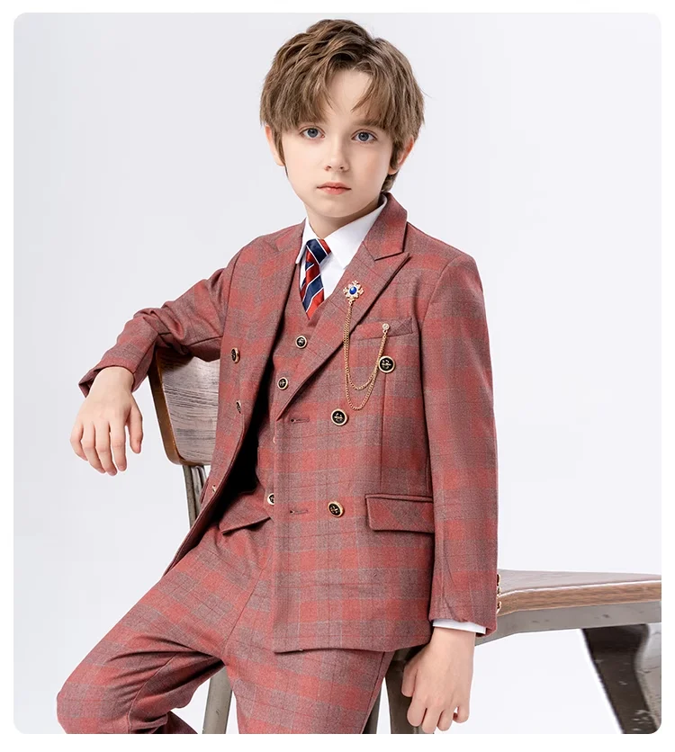 Children Red Jacket Vest Pants Tie Jewelry 5PCS Photograph Suit Boys Wedding Dress Kids Tuxedo Set Teen Birthday Party Costume